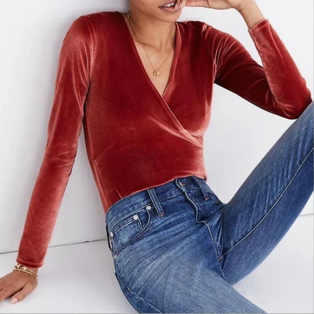 Madewell Rust Orange Velvet Velour Wrap Long Sleeve Bodysuit -- size medium